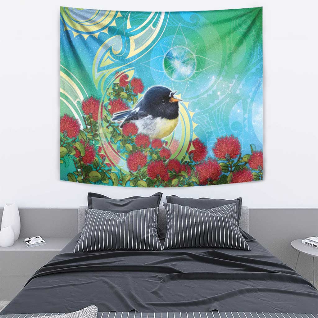 New Zealand Tomtit Tapestry Maori Koru With Pohutukawa Galaxy Style - Polynesian Pride