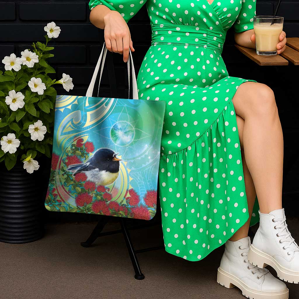 New Zealand Tomtit Tote Bag Maori Koru With Pohutukawa Galaxy Style - Polynesian Pride
