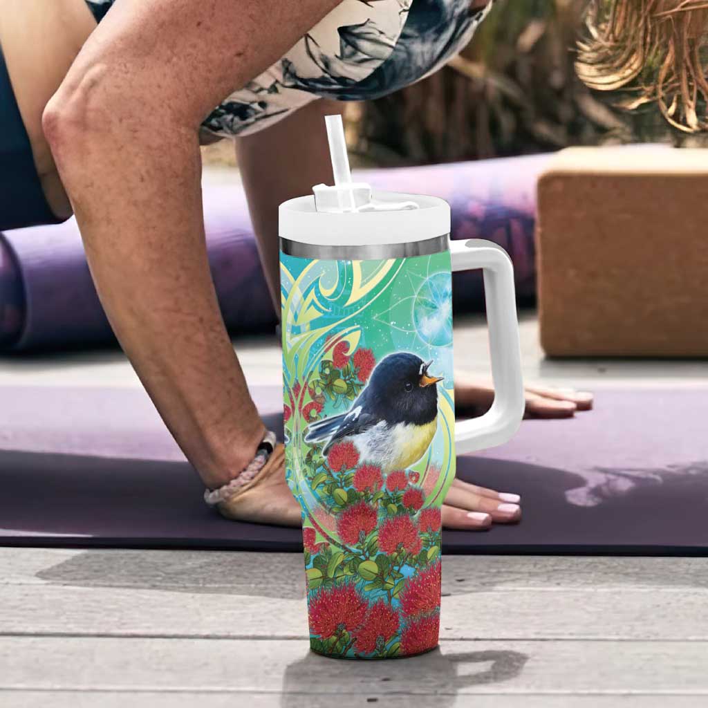 New Zealand Tomtit Tumbler With Handle Maori Koru With Pohutukawa Galaxy Style - Polynesian Pride