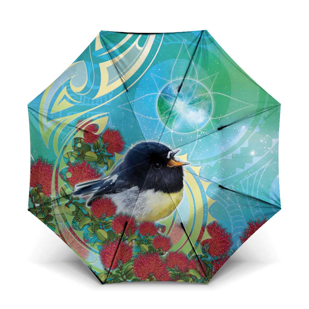 New Zealand Tomtit Umbrella Maori Koru With Pohutukawa Galaxy Style LT05 One Size Folded 11.42 inch Opened Diameter 37.4 inch Aqua - Polynesian Pride
