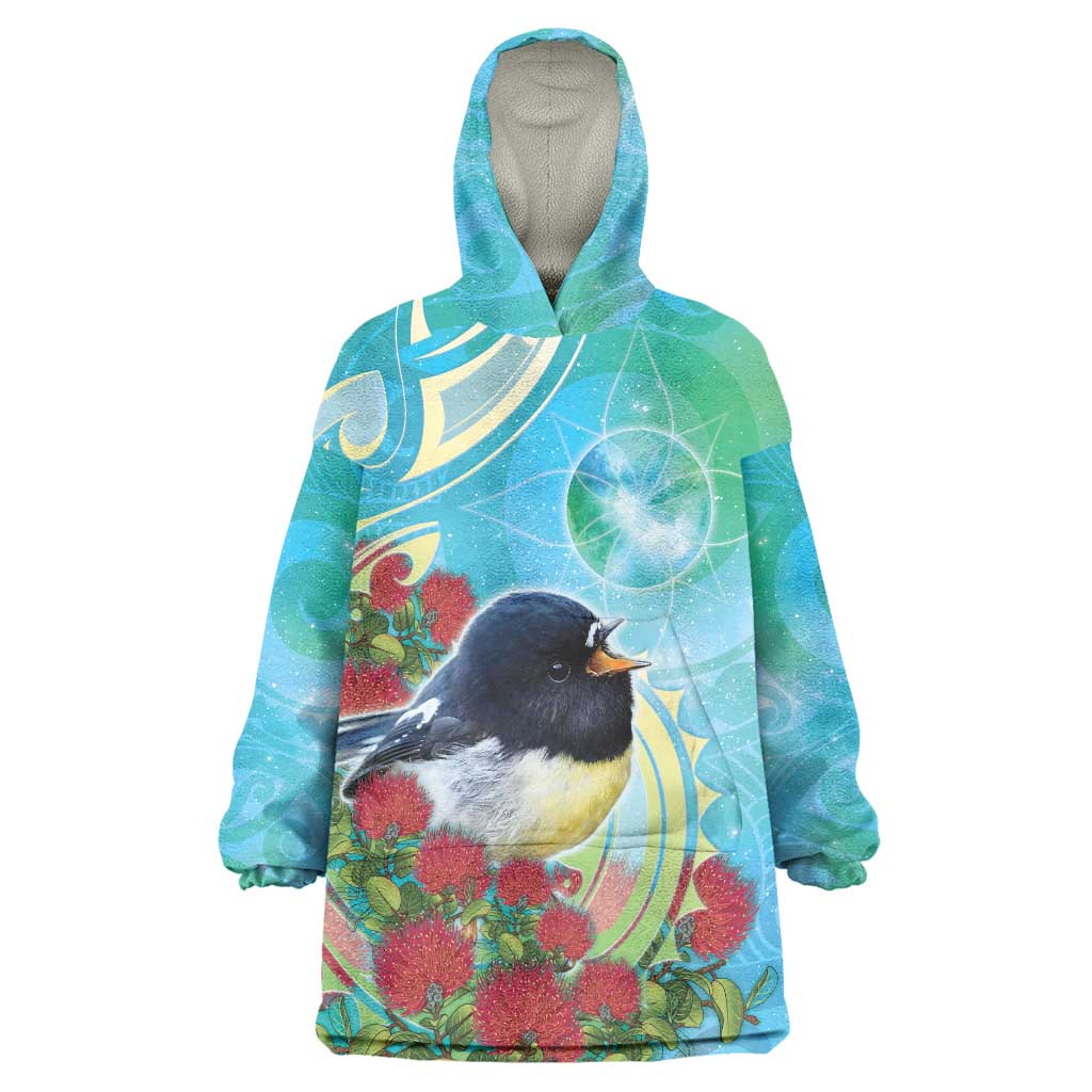New Zealand Tomtit Wearable Blanket Hoodie Maori Koru With Pohutukawa Galaxy Style LT05 One Size Aqua - Polynesian Pride