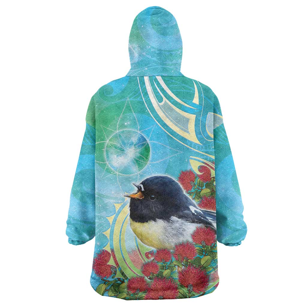 New Zealand Tomtit Wearable Blanket Hoodie Maori Koru With Pohutukawa Galaxy Style LT05 - Polynesian Pride
