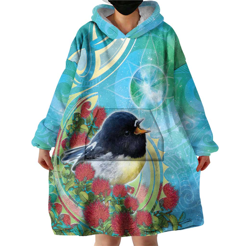 New Zealand Tomtit Wearable Blanket Hoodie Maori Koru With Pohutukawa Galaxy Style LT05 - Polynesian Pride