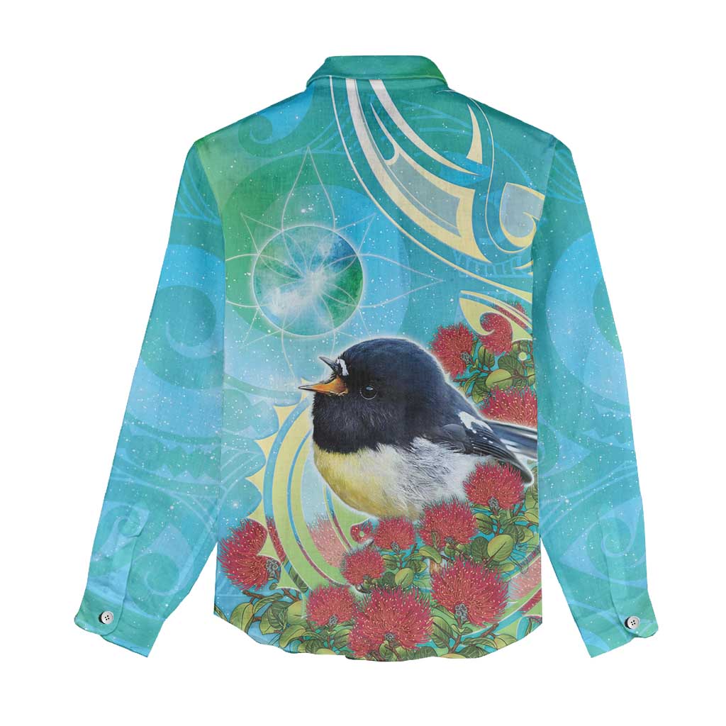 New Zealand Tomtit Women Casual Shirt Maori Koru With Pohutukawa Galaxy Style - Polynesian Pride