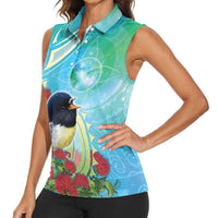 New Zealand Tomtit Women Sleeveless Polo Shirt Maori Koru With Pohutukawa Galaxy Style - Polynesian Pride