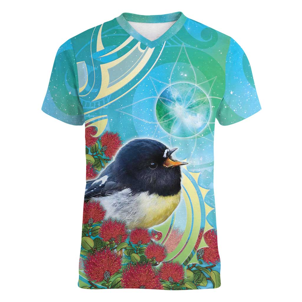 New Zealand Tomtit Women V-Neck T-Shirt Maori Koru With Pohutukawa Galaxy Style LT05 Female Aqua - Polynesian Pride