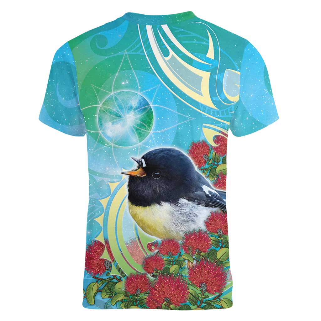 New Zealand Tomtit Women V-Neck T-Shirt Maori Koru With Pohutukawa Galaxy Style LT05 - Polynesian Pride