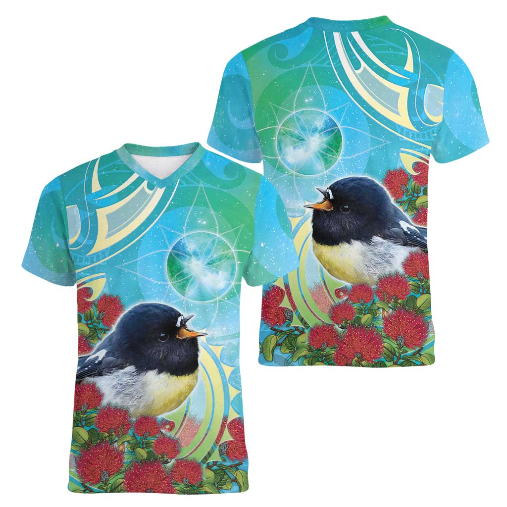 New Zealand Tomtit Women V-Neck T-Shirt Maori Koru With Pohutukawa Galaxy Style LT05 - Polynesian Pride