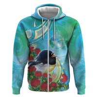 New Zealand Tomtit Zip Hoodie Maori Koru With Pohutukawa Galaxy Style LT05 Zip Hoodie Aqua - Polynesian Pride