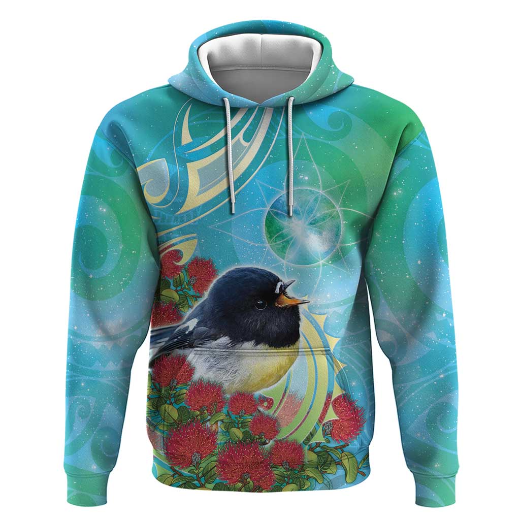 New Zealand Tomtit Zip Hoodie Maori Koru With Pohutukawa Galaxy Style LT05 Pullover Hoodie Aqua - Polynesian Pride