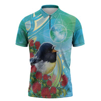 New Zealand Tomtit Zipper Polo Shirt Maori Koru With Pohutukawa Galaxy Style - Polynesian Pride