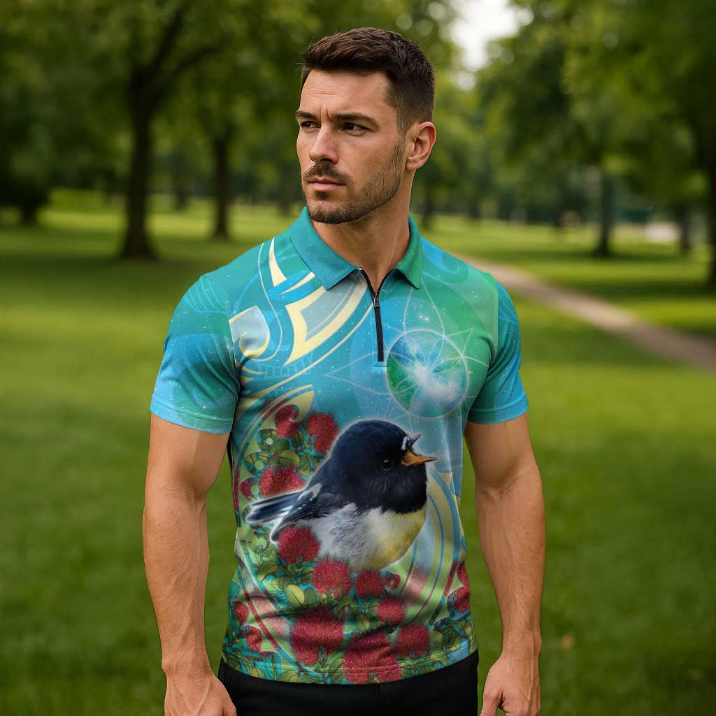 New Zealand Tomtit Zipper Polo Shirt Maori Koru With Pohutukawa Galaxy Style - Polynesian Pride