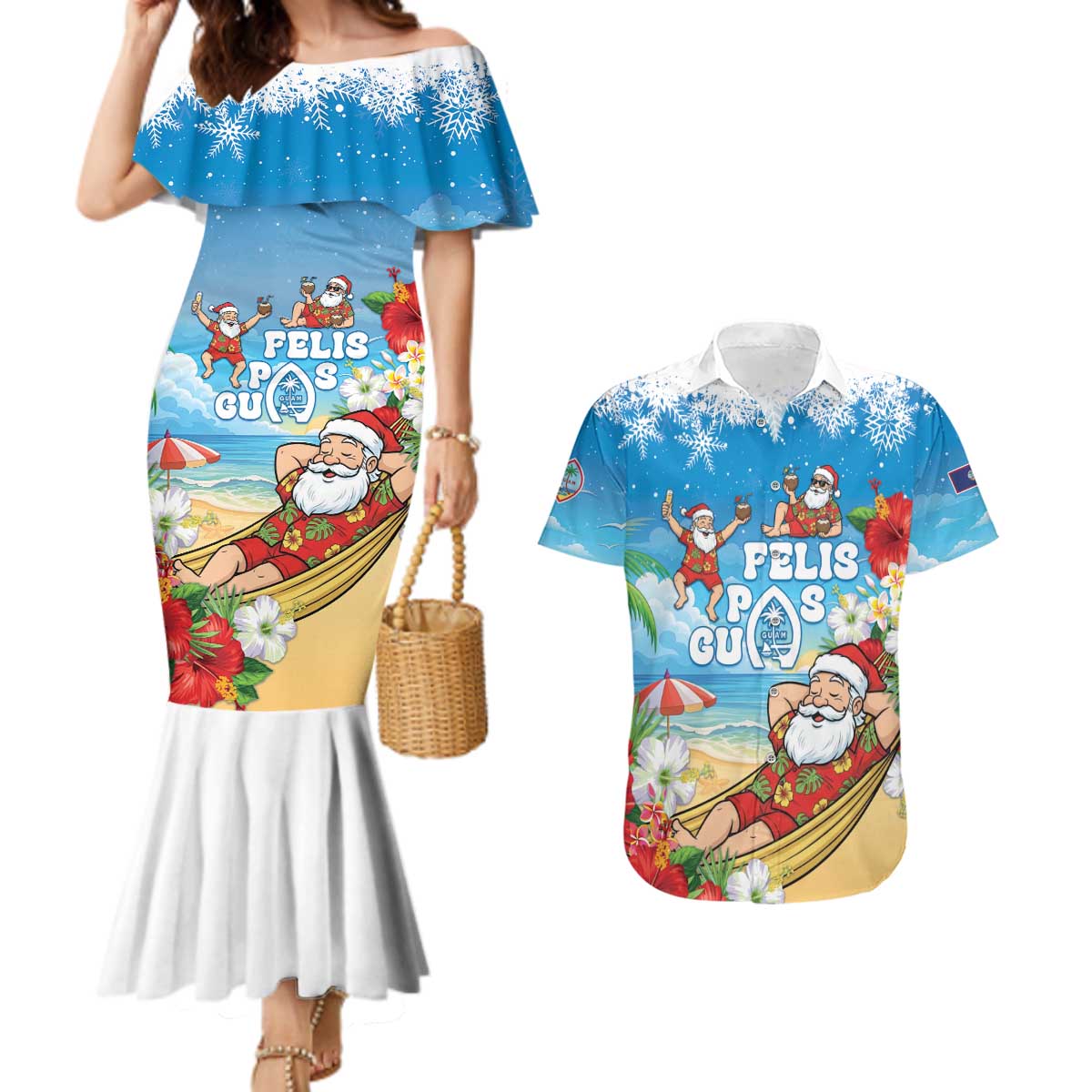 Guam Christmas Couples Matching Mermaid Dress and Hawaiian Shirt Felis Pasgua Chilling Santa LT05 Blue - Polynesian Pride