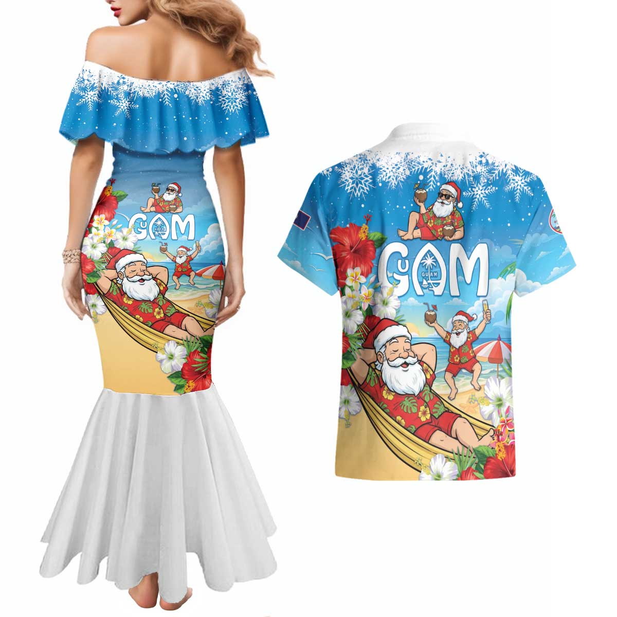 Guam Christmas Couples Matching Mermaid Dress and Hawaiian Shirt Felis Pasgua Chilling Santa LT05 - Polynesian Pride