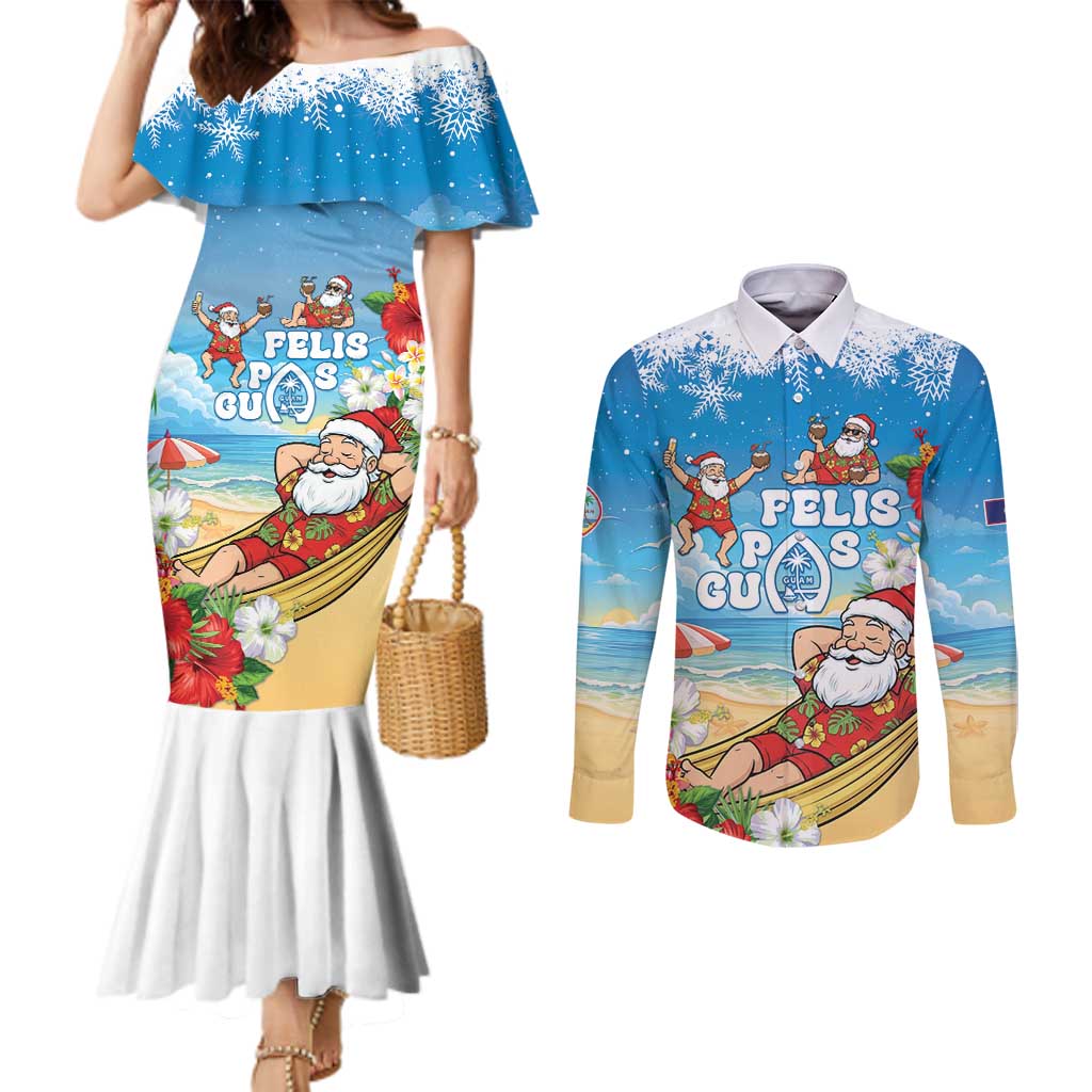 Guam Christmas Couples Matching Mermaid Dress and Long Sleeve Button Shirt Felis Pasgua Chilling Santa LT05 Blue - Polynesian Pride