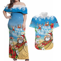Guam Christmas Couples Matching Off Shoulder Maxi Dress and Hawaiian Shirt Felis Pasgua Chilling Santa LT05 Blue - Polynesian Pride