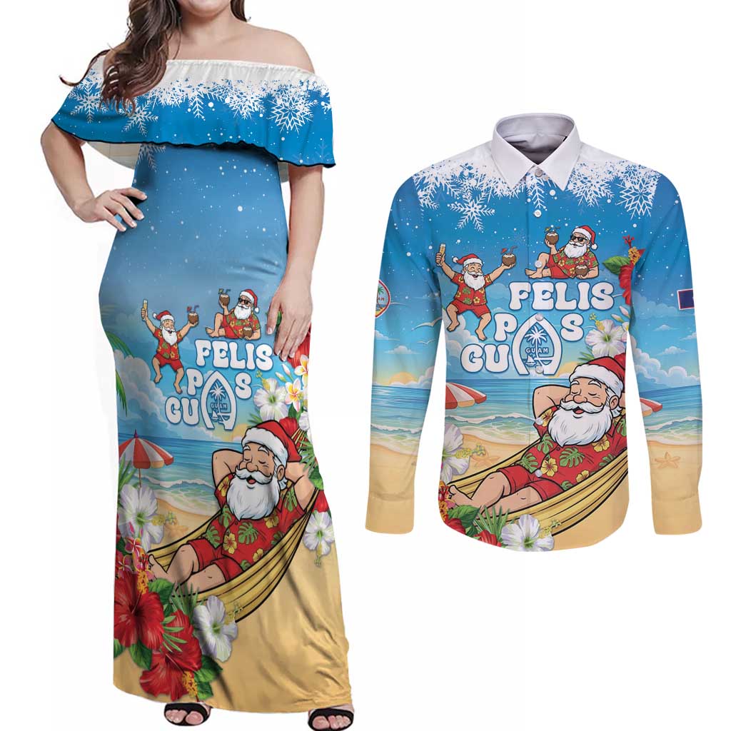 Guam Christmas Couples Matching Off Shoulder Maxi Dress and Long Sleeve Button Shirt Felis Pasgua Chilling Santa LT05 Blue - Polynesian Pride