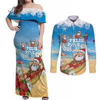 Guam Christmas Couples Matching Off Shoulder Maxi Dress and Long Sleeve Button Shirt Felis Pasgua Chilling Santa LT05 Blue - Polynesian Pride