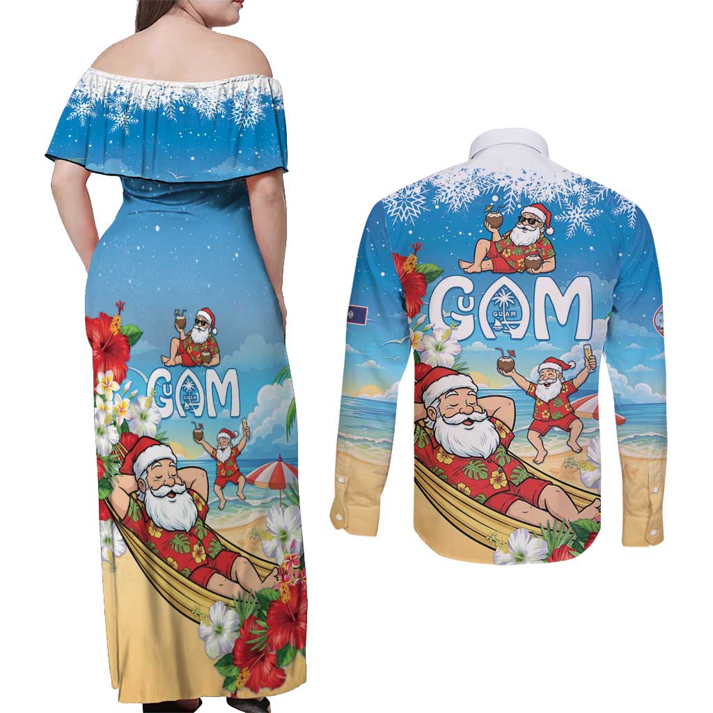 Guam Christmas Couples Matching Off Shoulder Maxi Dress and Long Sleeve Button Shirt Felis Pasgua Chilling Santa LT05 - Polynesian Pride
