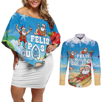 Guam Christmas Couples Matching Off Shoulder Short Dress and Long Sleeve Button Shirt Felis Pasgua Chilling Santa LT05 Blue - Polynesian Pride