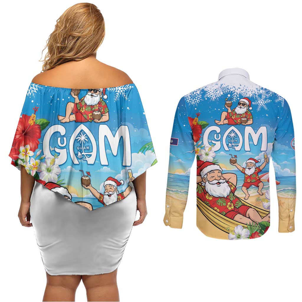 Guam Christmas Couples Matching Off Shoulder Short Dress and Long Sleeve Button Shirt Felis Pasgua Chilling Santa LT05 - Polynesian Pride