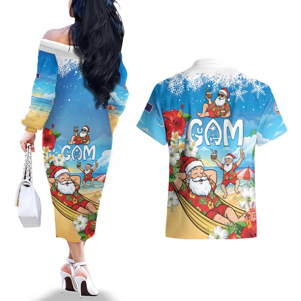 Guam Christmas Couples Matching Off The Shoulder Long Sleeve Dress and Hawaiian Shirt Felis Pasgua Chilling Santa LT05 - Polynesian Pride