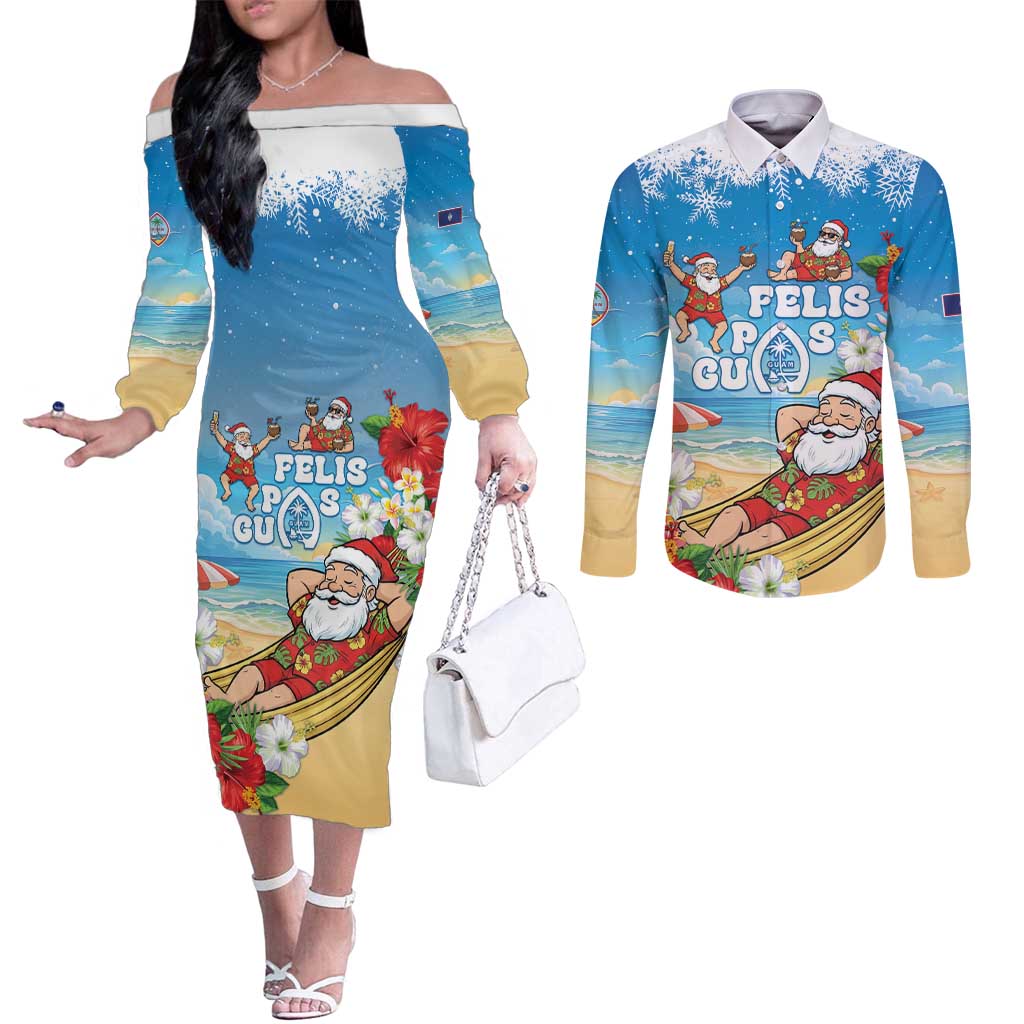 Guam Christmas Couples Matching Off The Shoulder Long Sleeve Dress and Long Sleeve Button Shirt Felis Pasgua Chilling Santa LT05 Blue - Polynesian Pride
