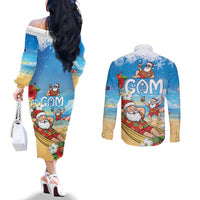 Guam Christmas Couples Matching Off The Shoulder Long Sleeve Dress and Long Sleeve Button Shirt Felis Pasgua Chilling Santa LT05 - Polynesian Pride