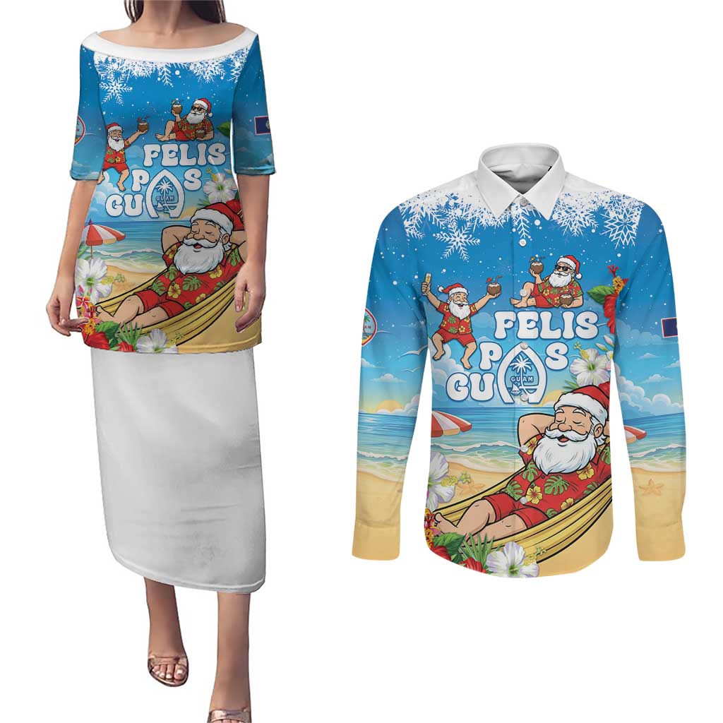 Guam Christmas Couples Matching Puletasi and Long Sleeve Button Shirt Felis Pasgua Chilling Santa - Polynesian Pride