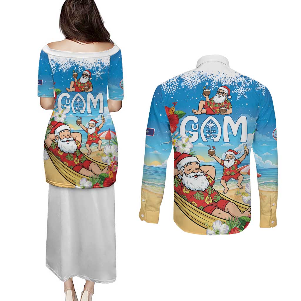 Guam Christmas Couples Matching Puletasi and Long Sleeve Button Shirt Felis Pasgua Chilling Santa - Polynesian Pride