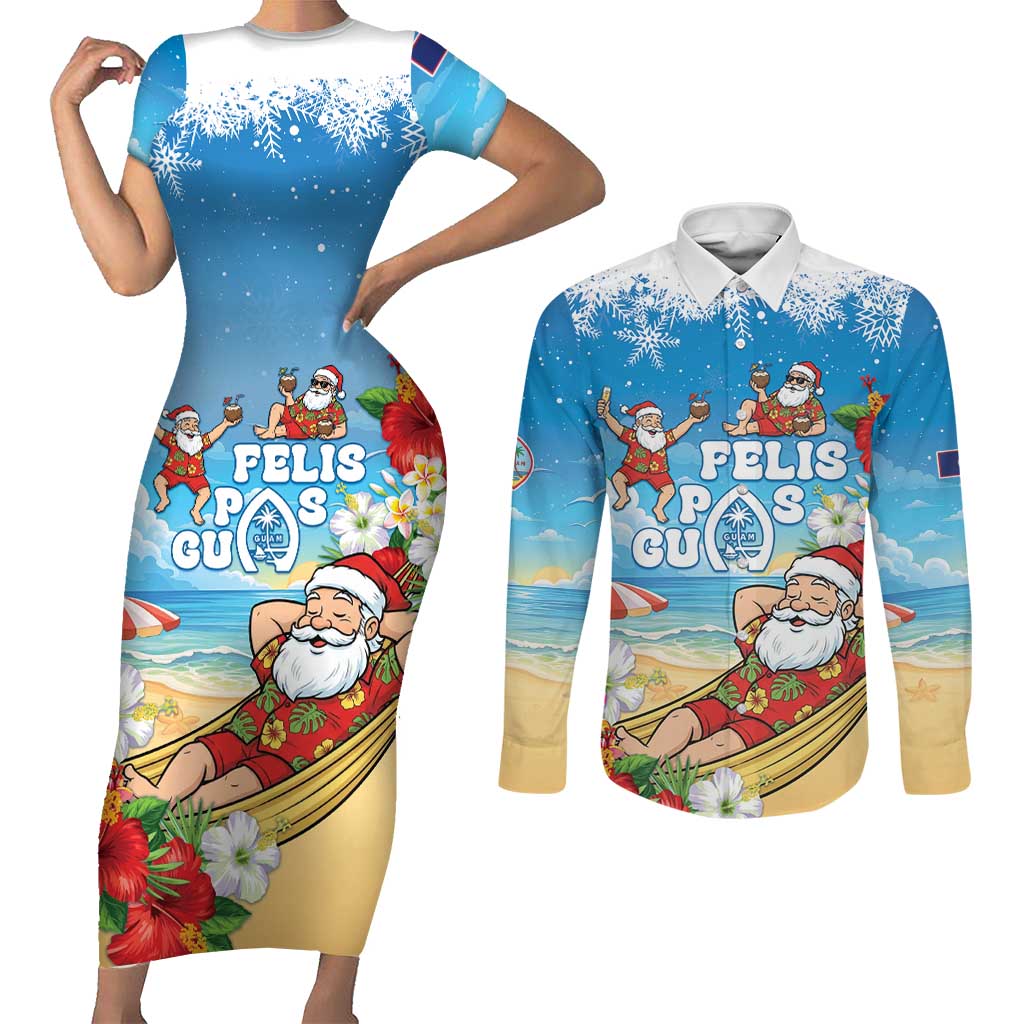 Guam Christmas Couples Matching Short Sleeve Bodycon Dress and Long Sleeve Button Shirt Felis Pasgua Chilling Santa LT05 Blue - Polynesian Pride