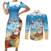 Guam Christmas Couples Matching Short Sleeve Bodycon Dress and Long Sleeve Button Shirt Felis Pasgua Chilling Santa LT05 Blue - Polynesian Pride