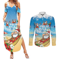 Guam Christmas Couples Matching Summer Maxi Dress and Long Sleeve Button Shirt Felis Pasgua Chilling Santa LT05 Blue - Polynesian Pride