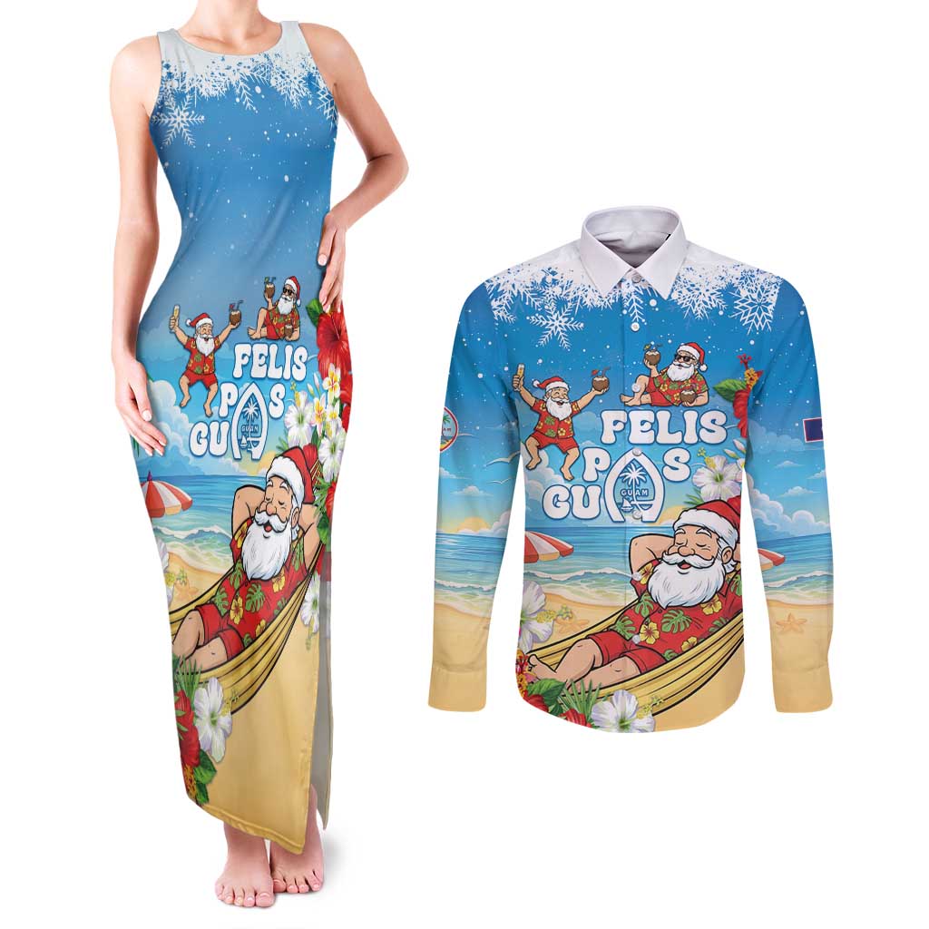 Guam Christmas Couples Matching Tank Maxi Dress and Long Sleeve Button Shirt Felis Pasgua Chilling Santa LT05 Blue - Polynesian Pride