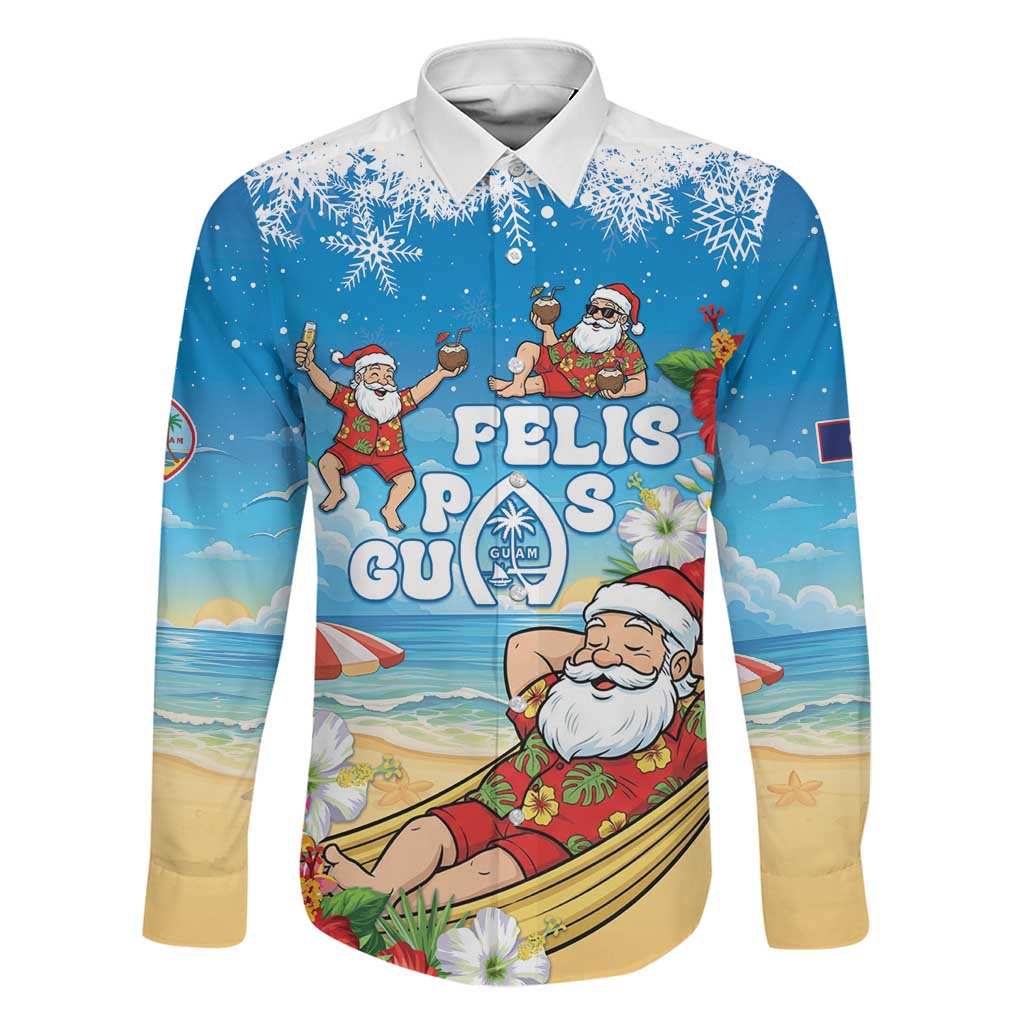 Guam Christmas Family Matching Off Shoulder Maxi Dress and Hawaiian Shirt Felis Pasgua Chilling Santa LT05 Dad's Shirt - Long Sleeve Blue - Polynesian Pride