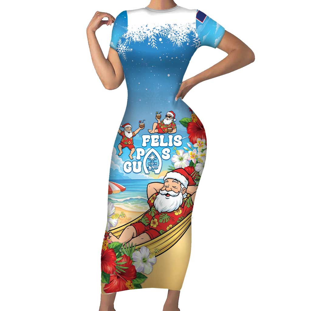 Guam Christmas Family Matching Short Sleeve Bodycon Dress and Hawaiian Shirt Felis Pasgua Chilling Santa LT05 Mom's Dress Blue - Polynesian Pride