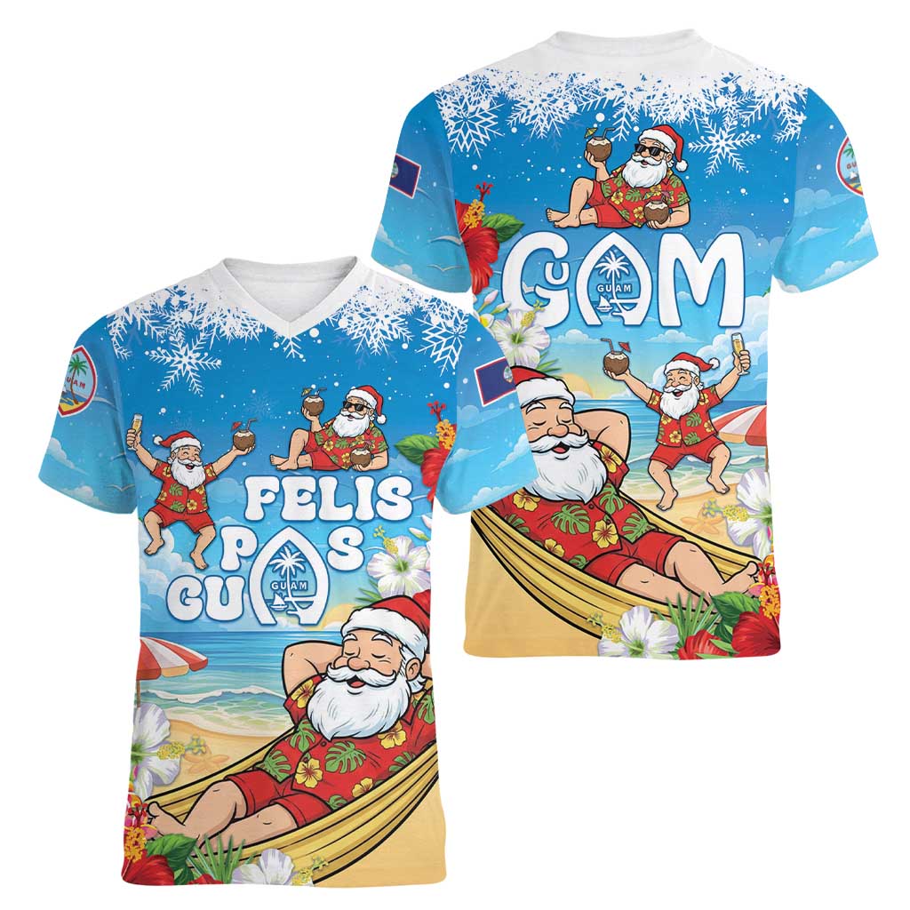 Guam Christmas Women V-Neck T-Shirt Felis Pasgua Chilling Santa LT05 - Polynesian Pride