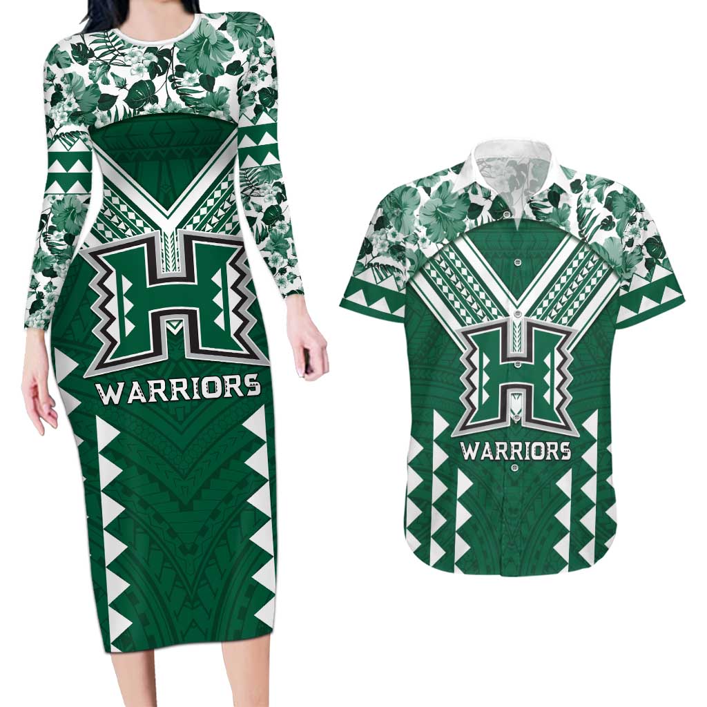Custom Hawaii Football Couples Matching Long Sleeve Bodycon Dress and Hawaiian Shirt Rainbow Warriors Tropical Vibes LT05 Green - Polynesian Pride