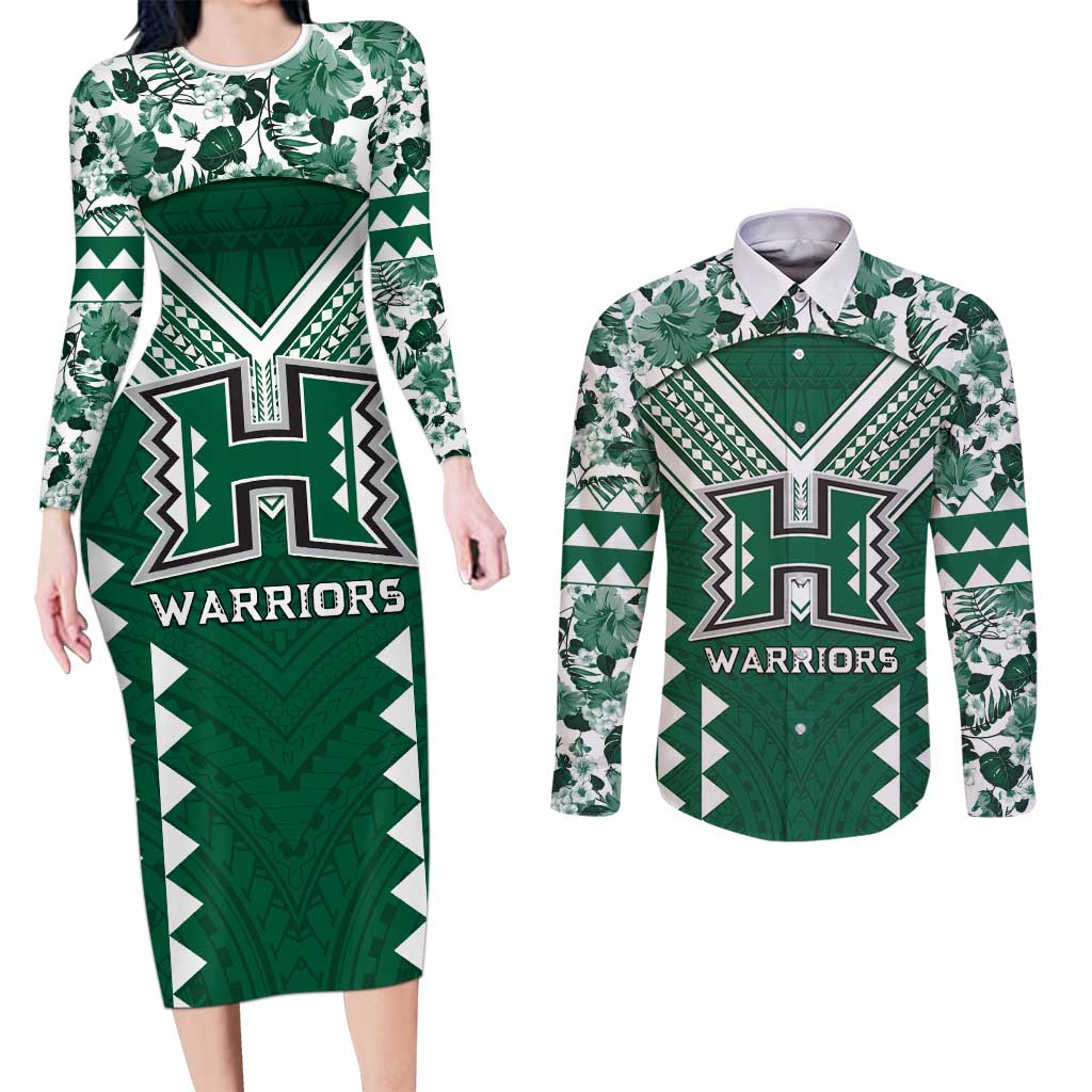Custom Hawaii Football Couples Matching Long Sleeve Bodycon Dress and Long Sleeve Button Shirt Rainbow Warriors Tropical Vibes LT05 Green - Polynesian Pride