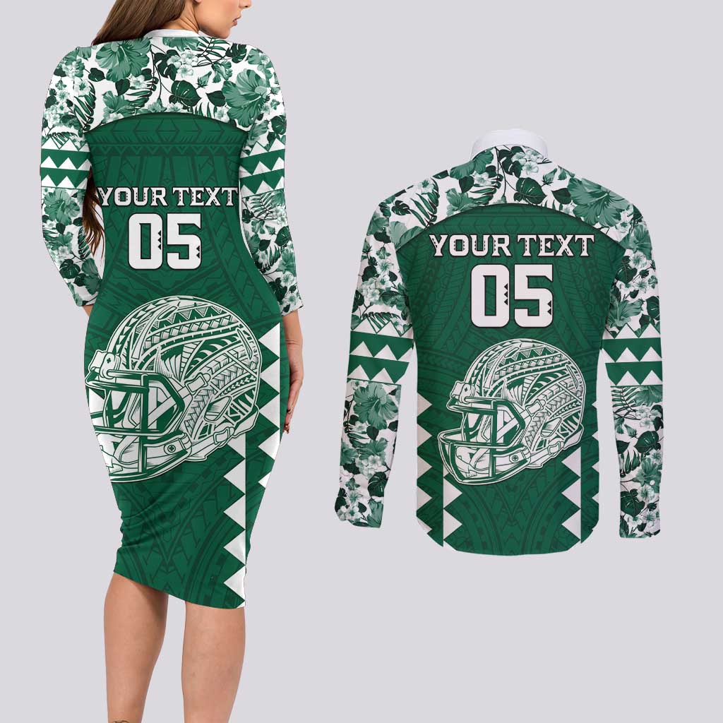 Custom Hawaii Football Couples Matching Long Sleeve Bodycon Dress and Long Sleeve Button Shirt Rainbow Warriors Tropical Vibes LT05 - Polynesian Pride
