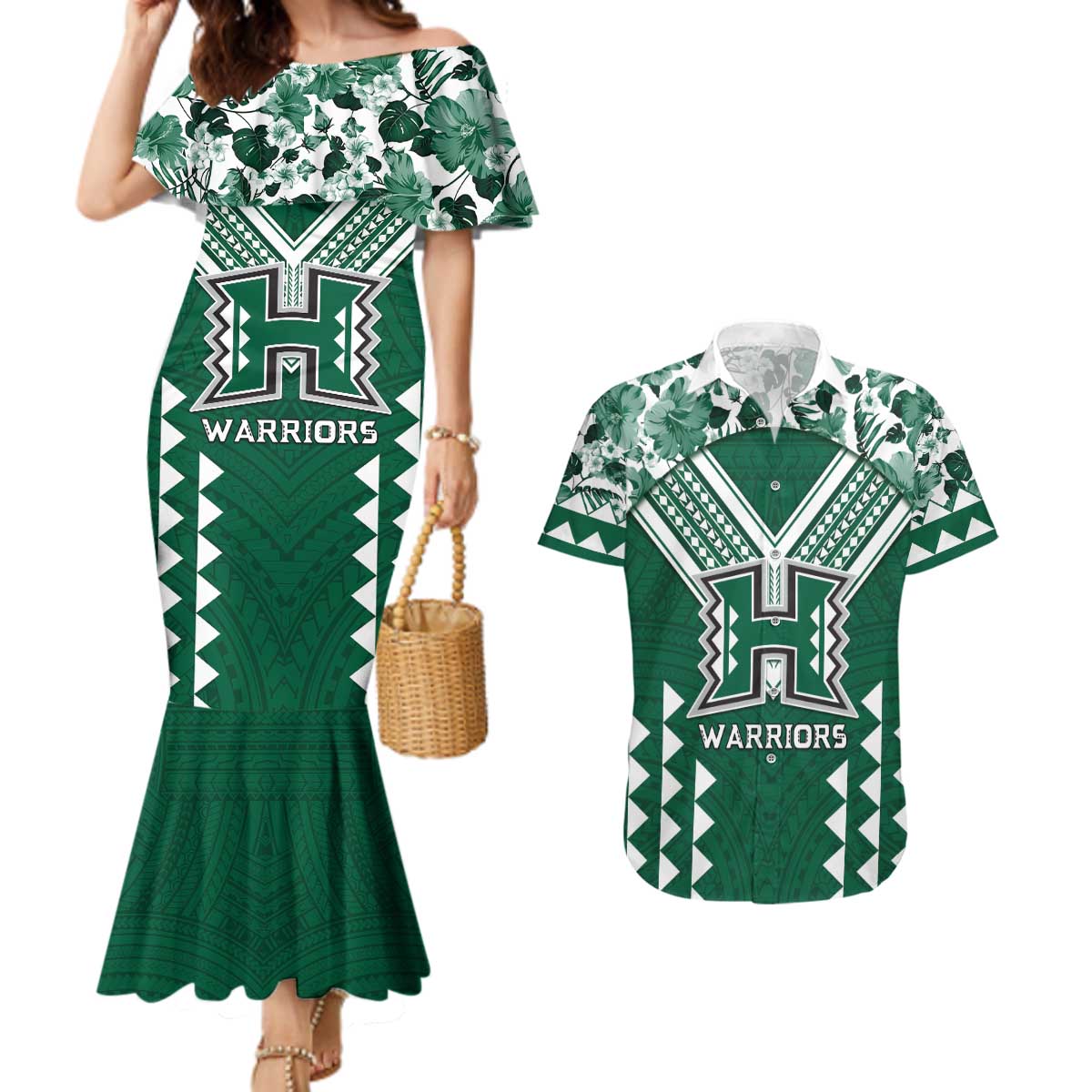 Custom Hawaii Football Couples Matching Mermaid Dress and Hawaiian Shirt Rainbow Warriors Tropical Vibes - Polynesian Pride