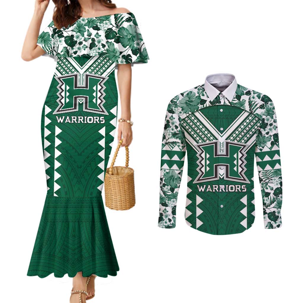 Custom Hawaii Football Couples Matching Mermaid Dress and Long Sleeve Button Shirt Rainbow Warriors Tropical Vibes LT05 Green - Polynesian Pride