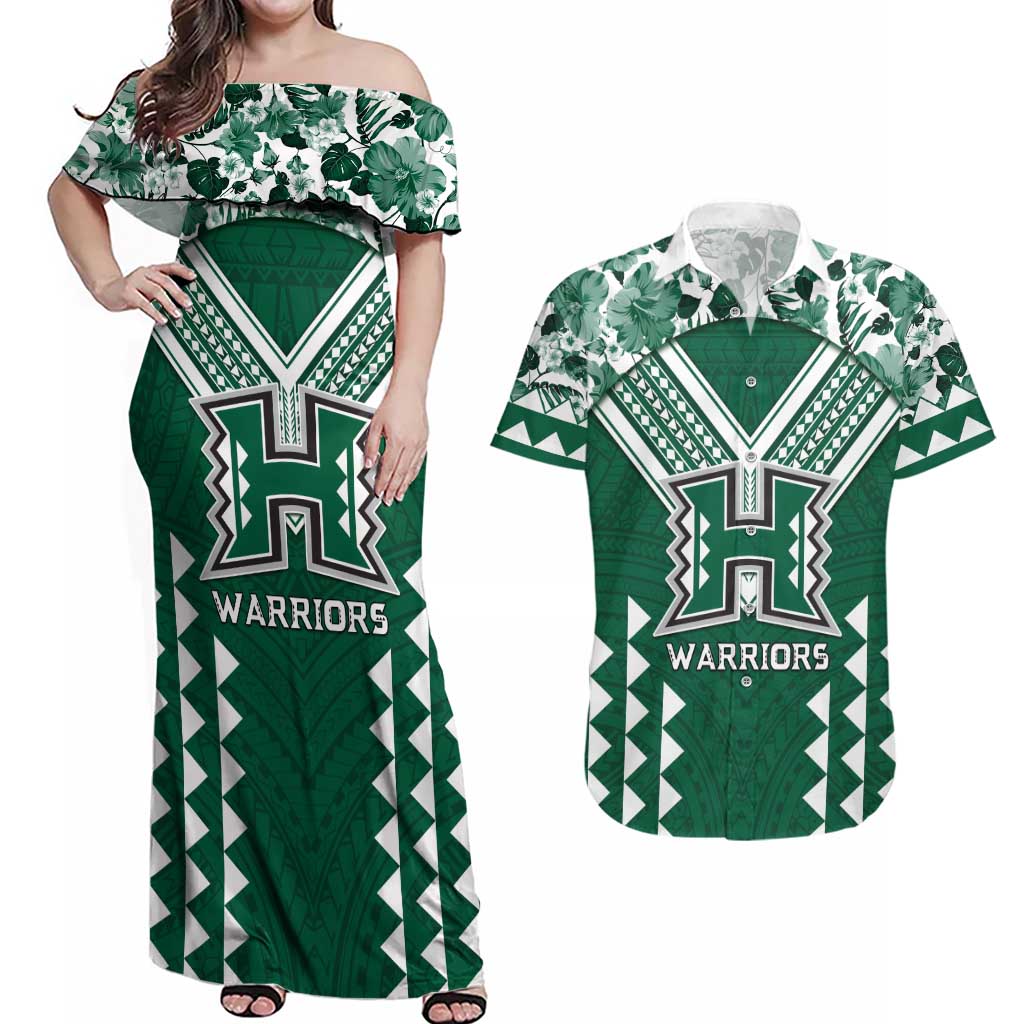 Custom Hawaii Football Couples Matching Off Shoulder Maxi Dress and Hawaiian Shirt Rainbow Warriors Tropical Vibes LT05 Green - Polynesian Pride