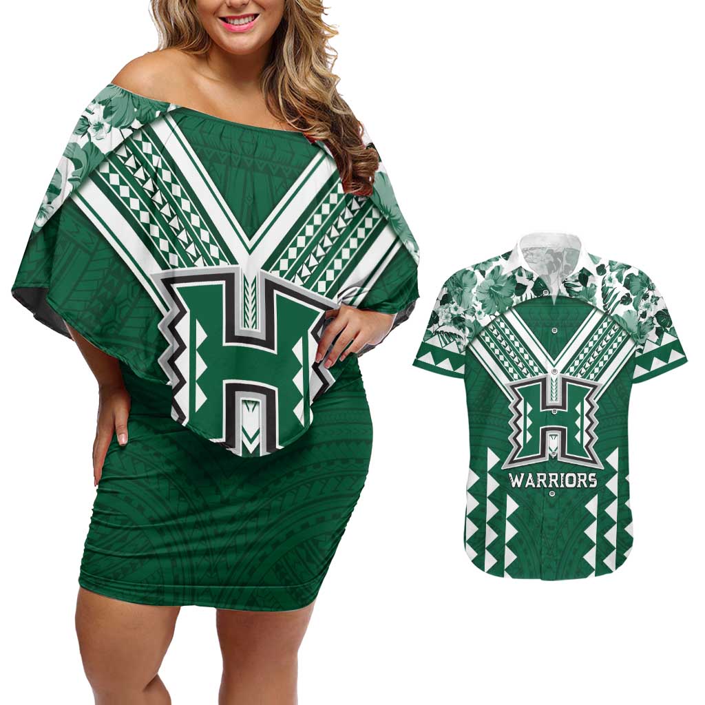 Custom Hawaii Football Couples Matching Off Shoulder Short Dress and Hawaiian Shirt Rainbow Warriors Tropical Vibes LT05 Green - Polynesian Pride