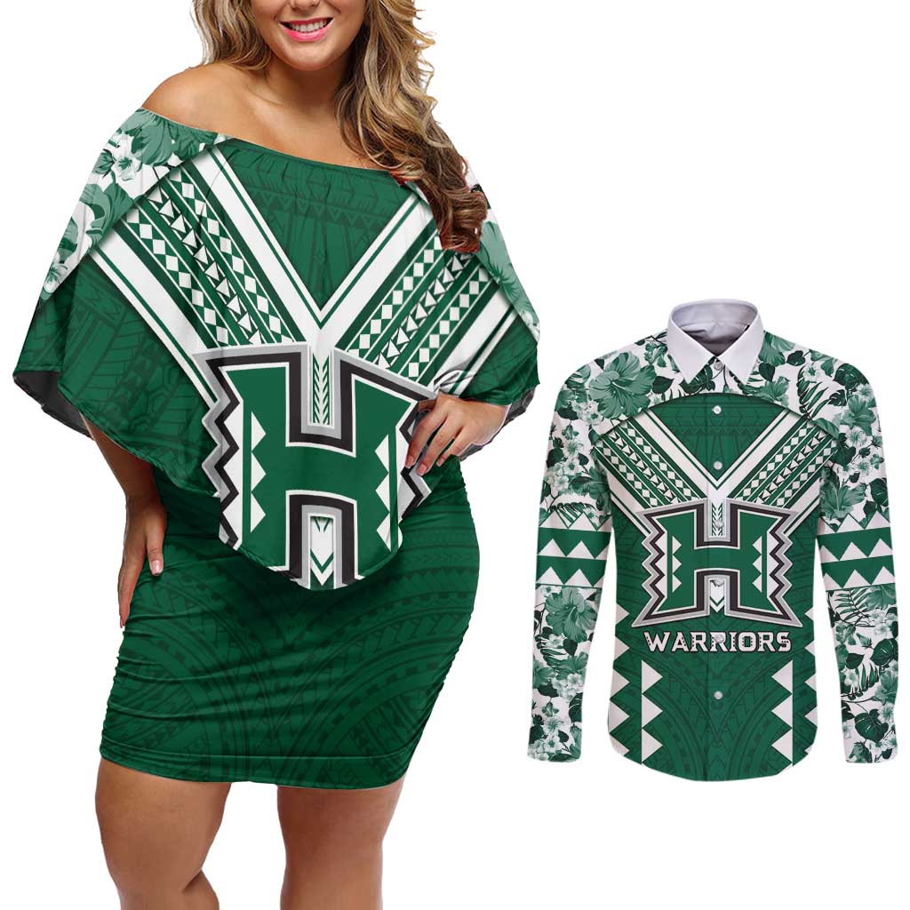 Custom Hawaii Football Couples Matching Off Shoulder Short Dress and Long Sleeve Button Shirt Rainbow Warriors Tropical Vibes LT05 Green - Polynesian Pride