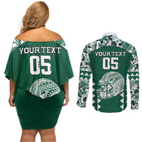 Custom Hawaii Football Couples Matching Off Shoulder Short Dress and Long Sleeve Button Shirt Rainbow Warriors Tropical Vibes LT05 - Polynesian Pride