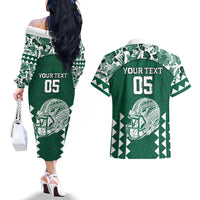 Custom Hawaii Football Couples Matching Off The Shoulder Long Sleeve Dress and Hawaiian Shirt Rainbow Warriors Tropical Vibes LT05 - Polynesian Pride