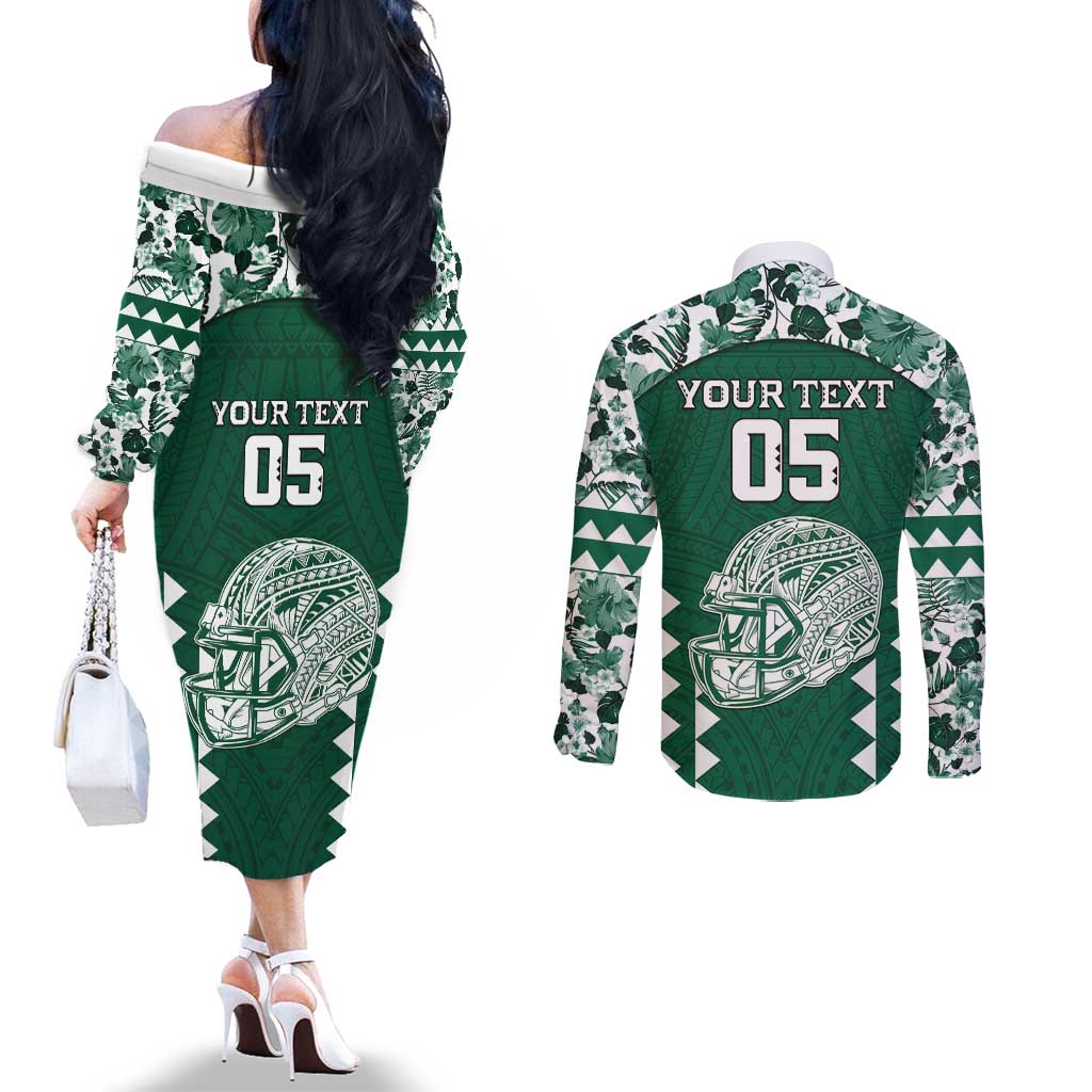 Custom Hawaii Football Couples Matching Off The Shoulder Long Sleeve Dress and Long Sleeve Button Shirt Rainbow Warriors Tropical Vibes LT05 - Polynesian Pride