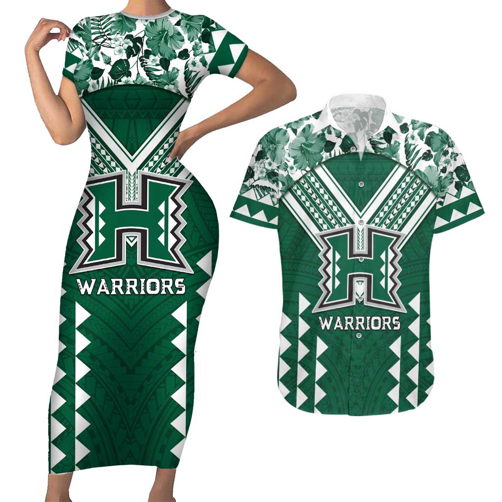 Custom Hawaii Football Couples Matching Short Sleeve Bodycon Dress and Hawaiian Shirt Rainbow Warriors Tropical Vibes LT05 Green - Polynesian Pride