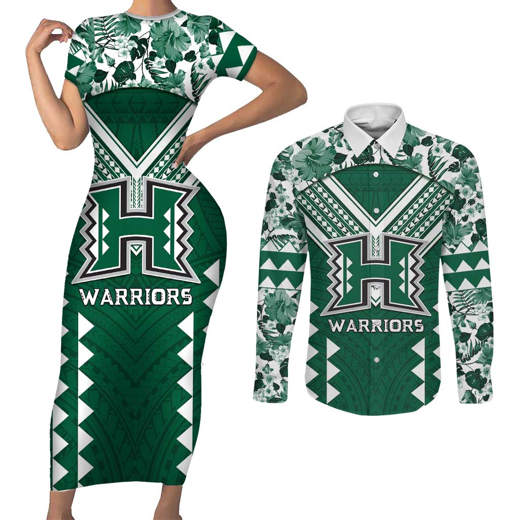 Custom Hawaii Football Couples Matching Short Sleeve Bodycon Dress and Long Sleeve Button Shirt Rainbow Warriors Tropical Vibes - Polynesian Pride